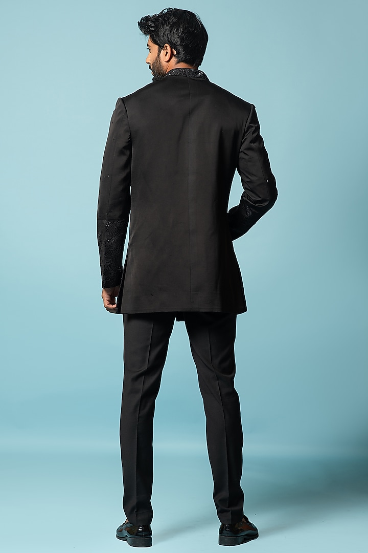 Black Linen Satin Wedding Bandhgala Set by Smriti by Anju Agarwal Men at Pernia's Pop Up Shop