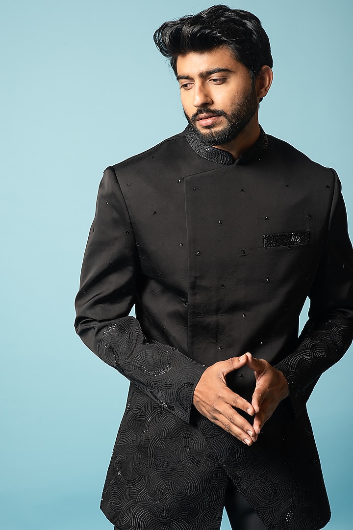 Black Linen Satin Wedding Bandhgala Set by Smriti by Anju Agarwal Men at Pernia's Pop Up Shop