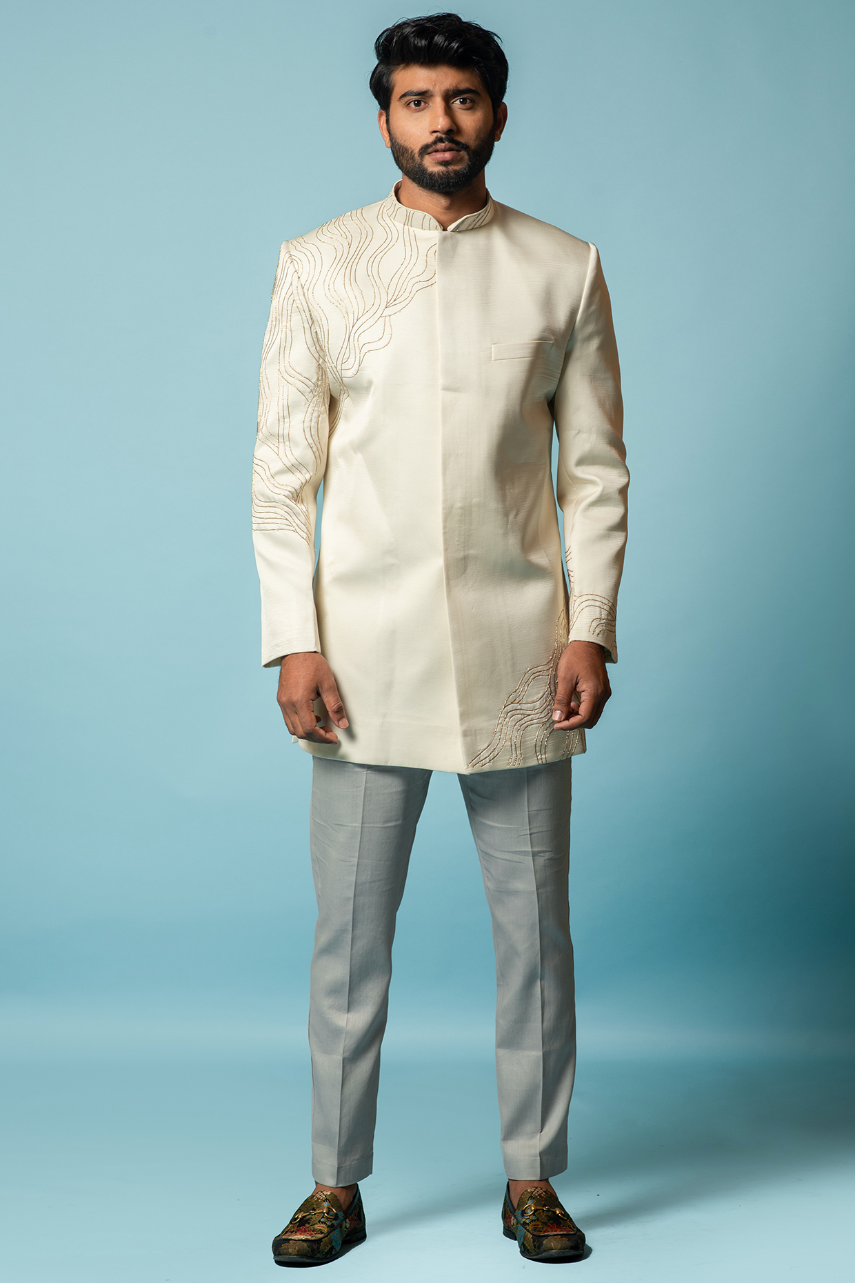 Ivory Embroidered Bandhgala Set by Smriti by Anju Agarwal Men