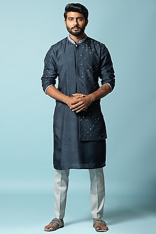 Teal Blue Embroidered Kurta Set by Smriti by Anju Agarwal Men
