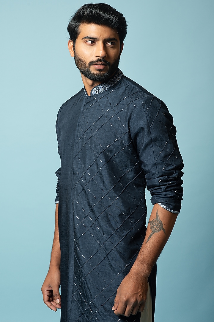 Teal Blue Embroidered Kurta Set by Smriti by Anju Agarwal Men at Pernia's Pop Up Shop
