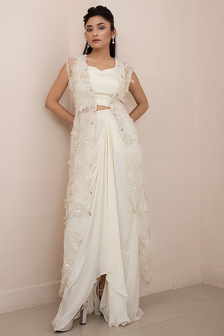 Ivory Modal Satin Taffeta Draped Skirt Set by Smriti by Anju Agarwal at Pernia's Pop Up Shop