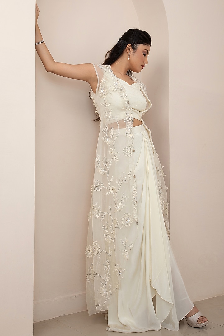 Ivory Modal Satin Taffeta Draped Skirt Set by Smriti by Anju Agarwal at Pernia's Pop Up Shop