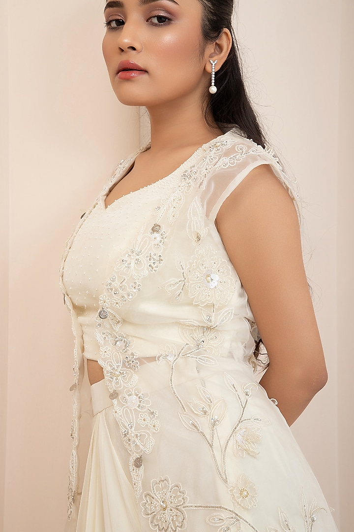 Ivory Modal Satin Taffeta Draped Skirt Set by Smriti by Anju Agarwal at Pernia's Pop Up Shop