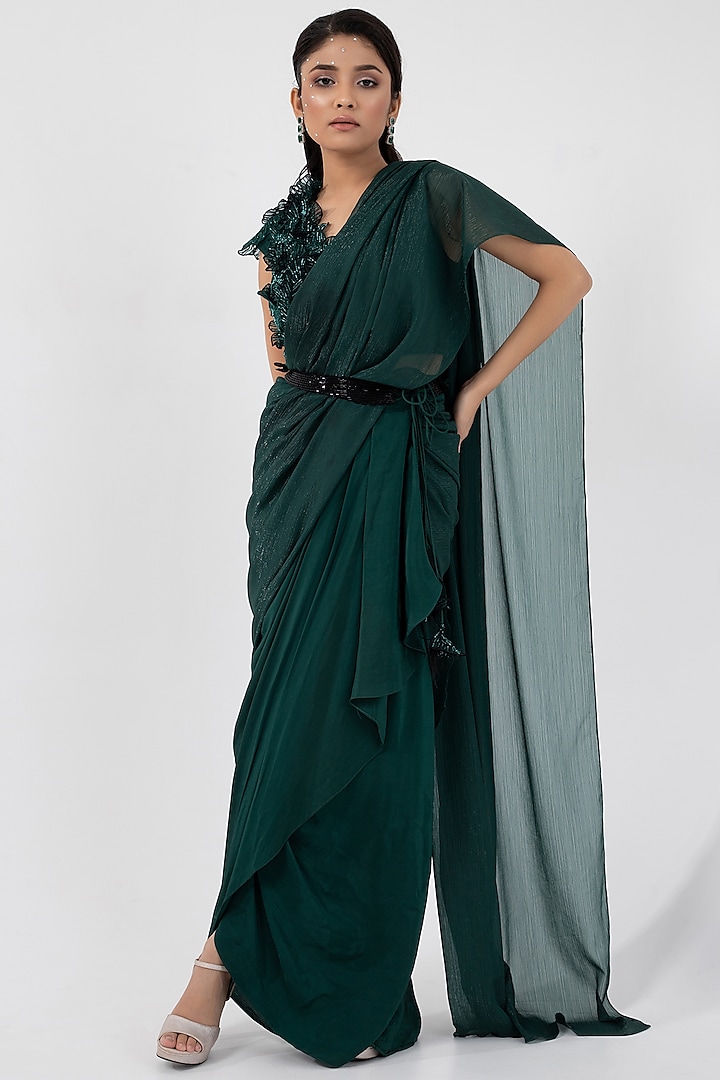 Emerald Green Crepe & Taffeta Draped Skirt Saree Set by Smriti by Anju Agarwal at Pernia's Pop Up Shop