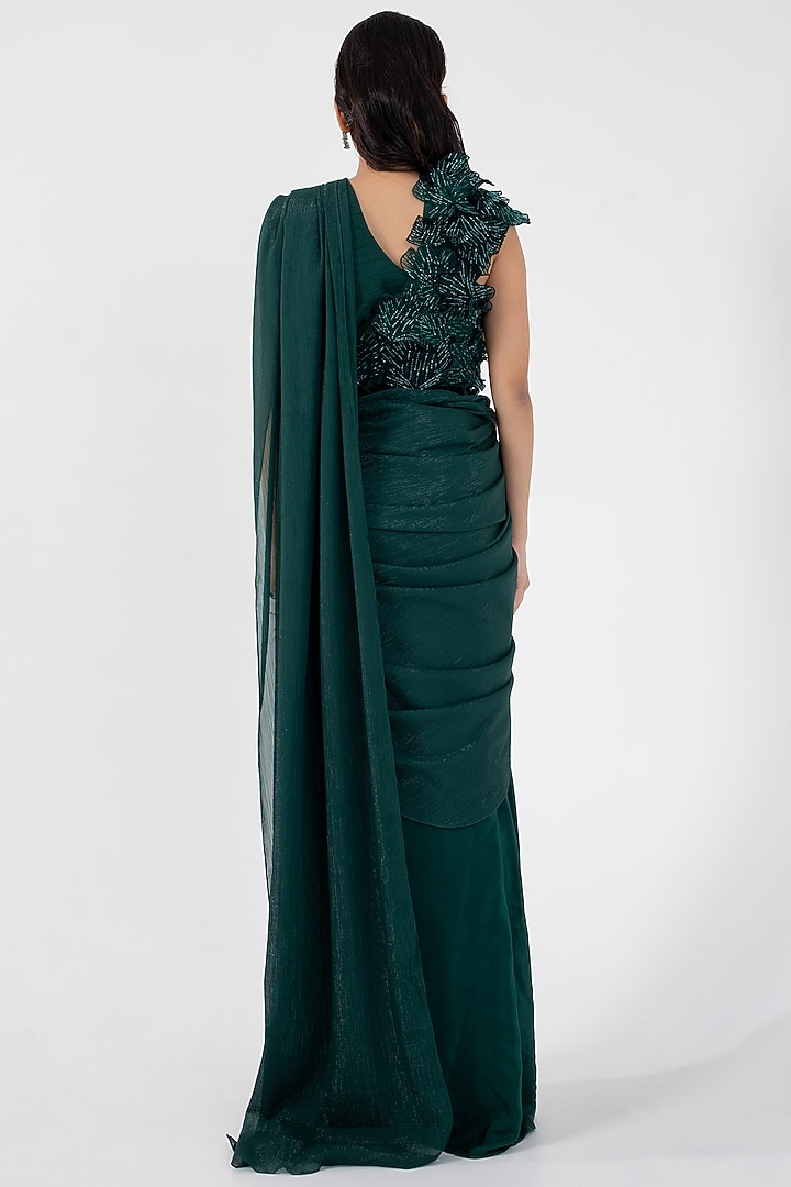 Emerald Green Crepe & Taffeta Draped Skirt Party Wear Saree Set by Smriti by Anju Agarwal at Pernia's Pop Up Shop