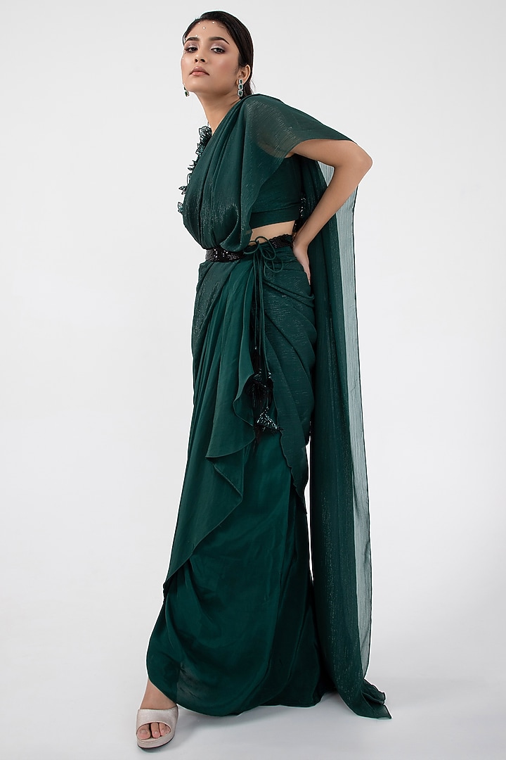 Emerald Green Crepe & Taffeta Draped Skirt Party Wear Saree Set by Smriti by Anju Agarwal at Pernia's Pop Up Shop