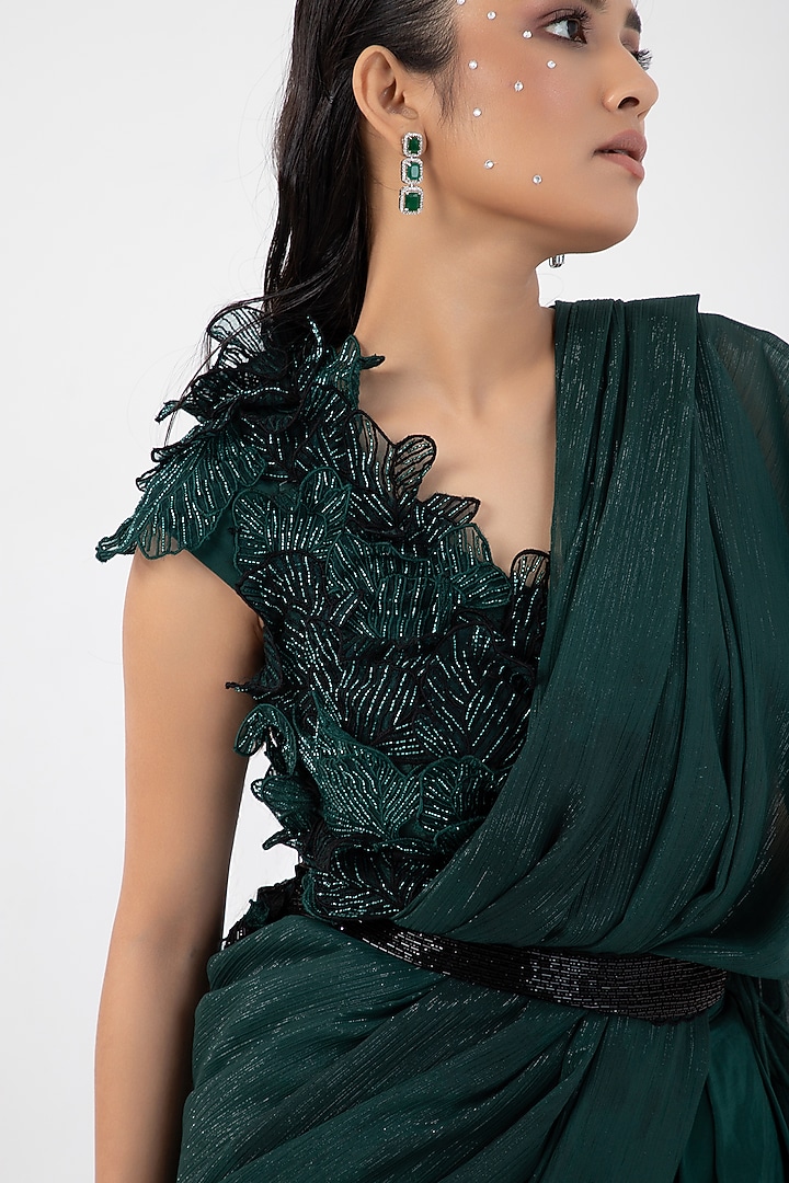 Emerald Green Crepe & Taffeta Draped Skirt Party Wear Saree Set by Smriti by Anju Agarwal at Pernia's Pop Up Shop