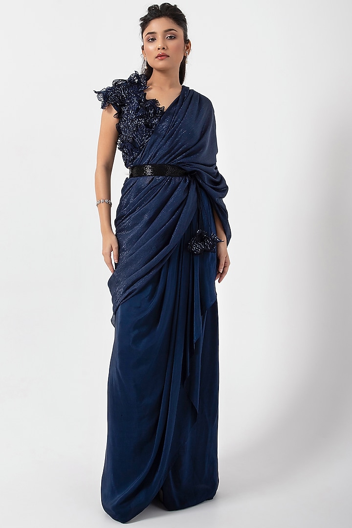 Navy Blue Crepe & Taffeta Draped Skirt Saree Set by Smriti by Anju Agarwal at Pernia's Pop Up Shop