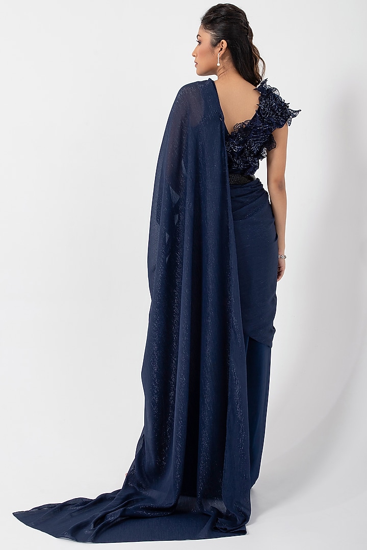 Navy Blue Crepe & Taffeta Draped Skirt Party Wear Saree Set by Smriti by Anju Agarwal at Pernia's Pop Up Shop