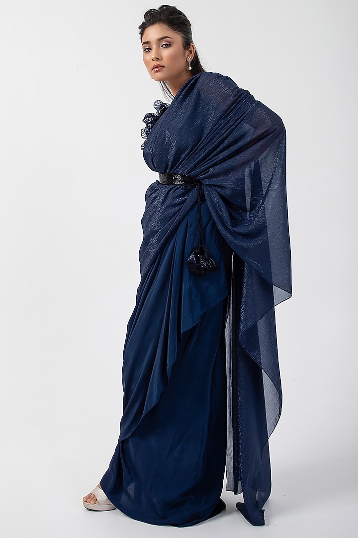 Navy Blue Crepe & Taffeta Draped Skirt Party Wear Saree Set by Smriti by Anju Agarwal at Pernia's Pop Up Shop