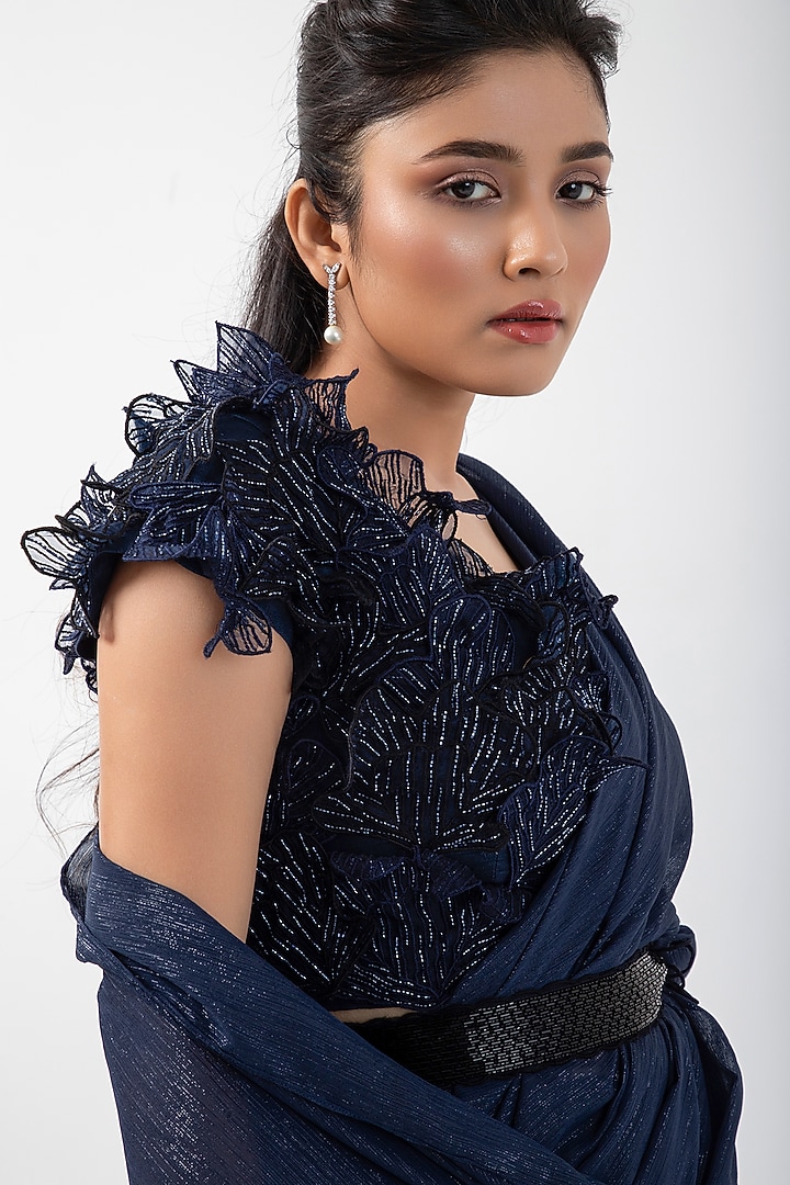 Navy Blue Crepe & Taffeta Draped Skirt Party Wear Saree Set by Smriti by Anju Agarwal at Pernia's Pop Up Shop