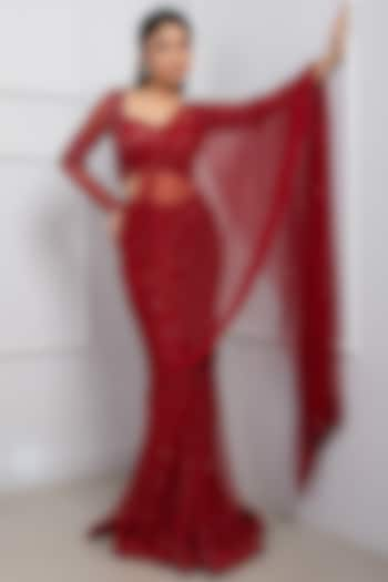 Ruby Red Net & Crepe Embroidered Draped Saree Set by Smriti by Anju Agarwal at Pernia's Pop Up Shop