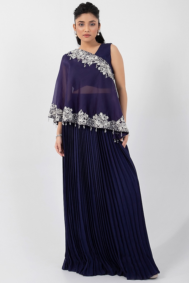 Blue Organza Embroidered One-Shoulder Asymmetric Cape Set by Smriti by Anju Agarwal at Pernia's Pop Up Shop