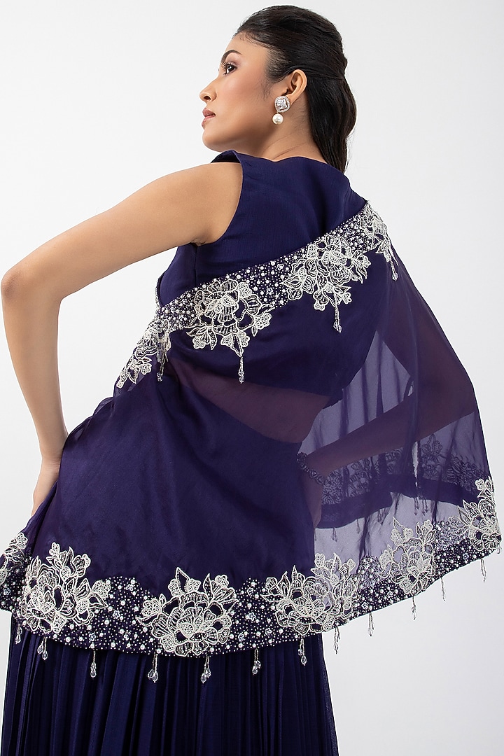 Blue Organza Embroidered One-Shoulder Asymmetric Cape Set by Smriti by Anju Agarwal at Pernia's Pop Up Shop