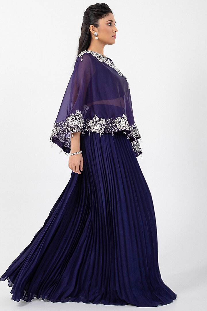 Blue Organza Embroidered One-Shoulder Asymmetric Cape Set by Smriti by Anju Agarwal at Pernia's Pop Up Shop