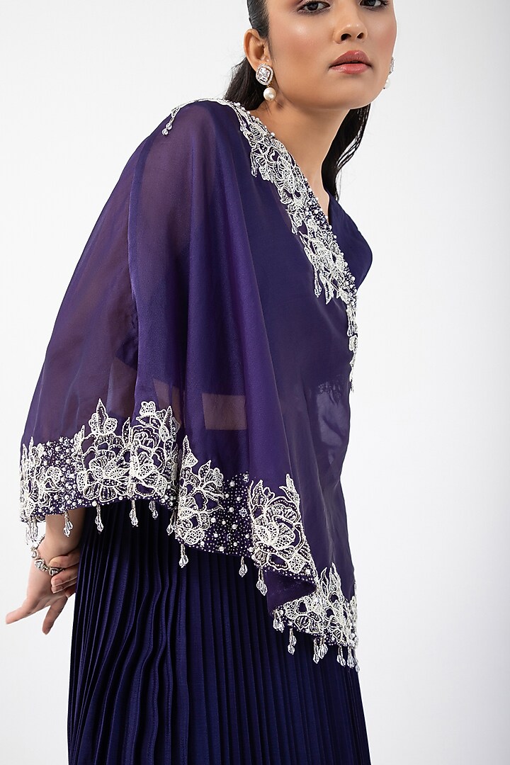 Blue Organza Embroidered One-Shoulder Asymmetric Cape Set by Smriti by Anju Agarwal at Pernia's Pop Up Shop