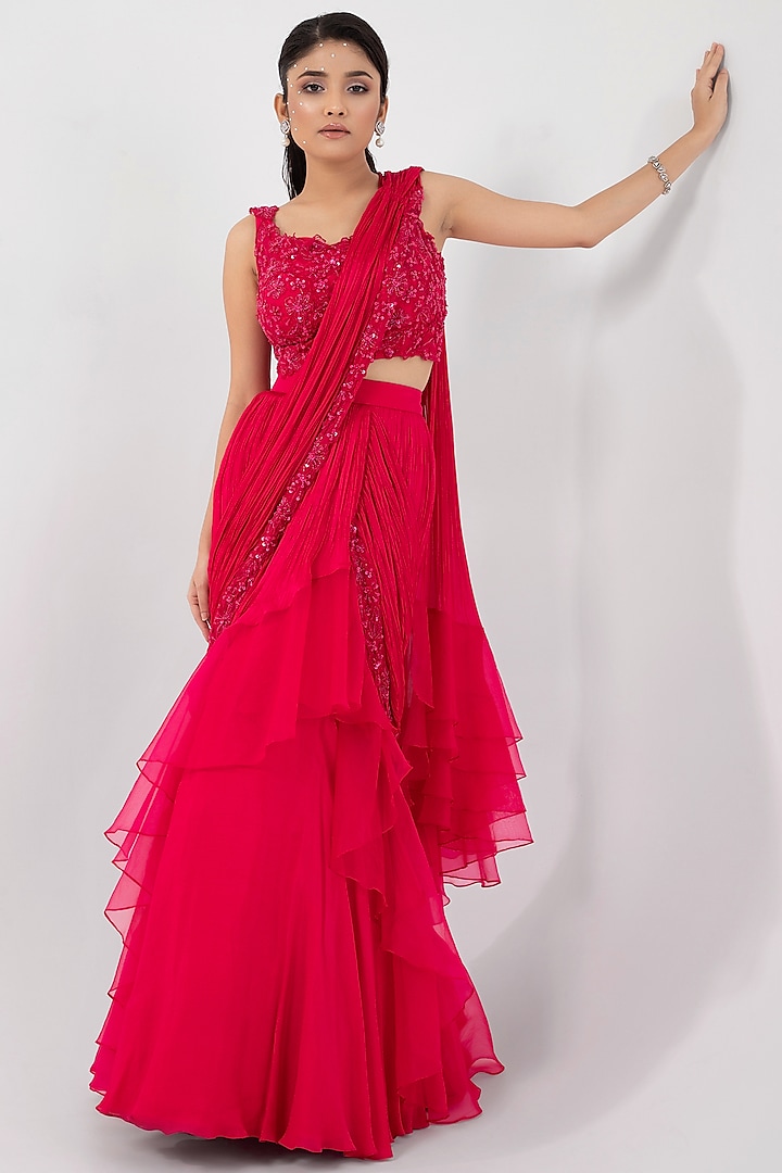 Fuchsia Chinon & Organza Ruffled Draped Saree Set by Smriti by Anju Agarwal at Pernia's Pop Up Shop