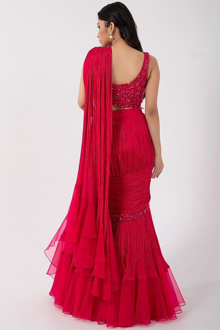 Fuchsia Chinon & Organza Ruffled Draped Wedding Saree Set by Smriti by Anju Agarwal at Pernia's Pop Up Shop