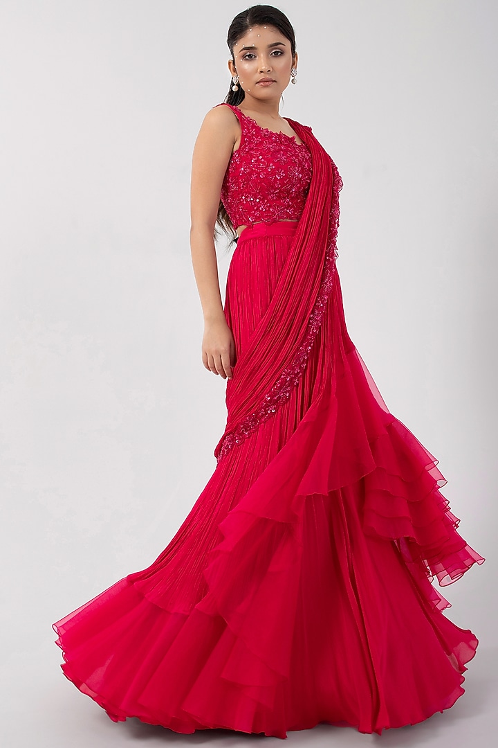 Fuchsia Chinon & Organza Ruffled Draped Wedding Saree Set by Smriti by Anju Agarwal at Pernia's Pop Up Shop