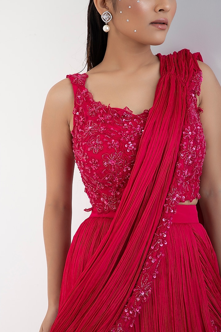 Fuchsia Chinon & Organza Ruffled Draped Wedding Saree Set by Smriti by Anju Agarwal at Pernia's Pop Up Shop