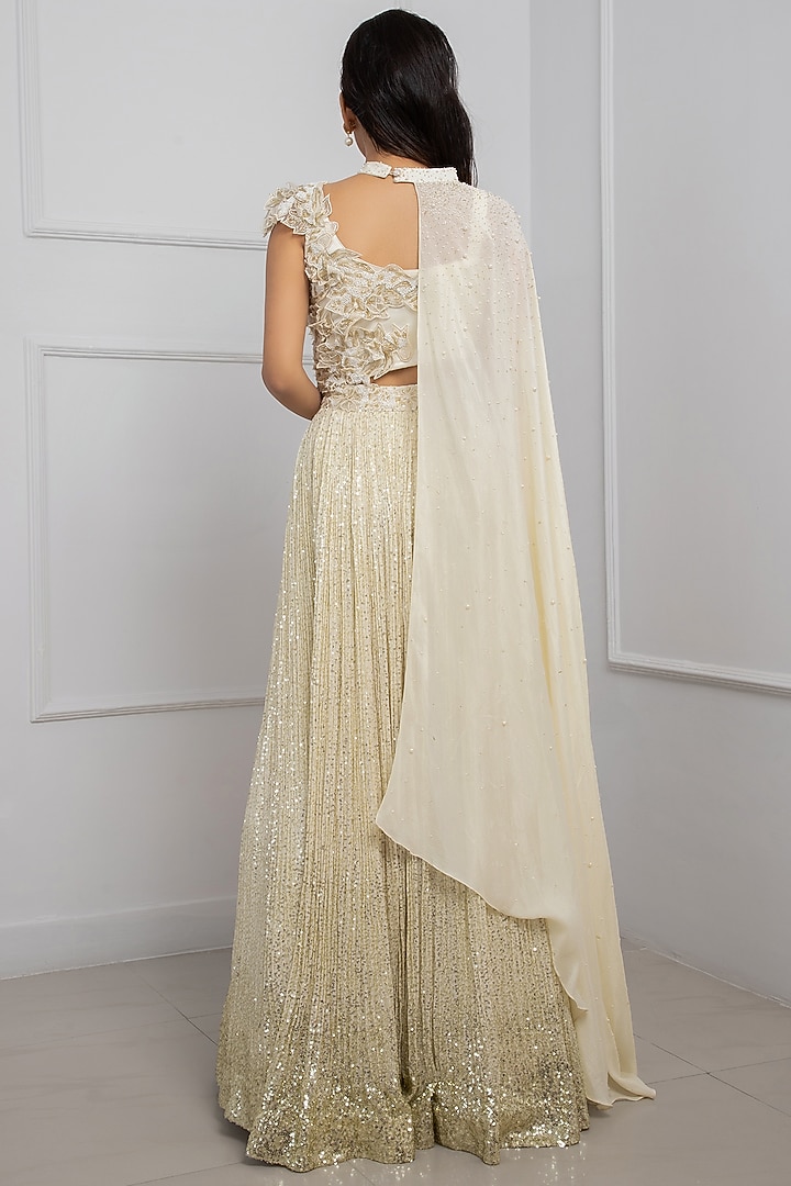 White Satin & Organza Jacket Wedding Lehenga Set by Smriti by Anju Agarwal at Pernia's Pop Up Shop