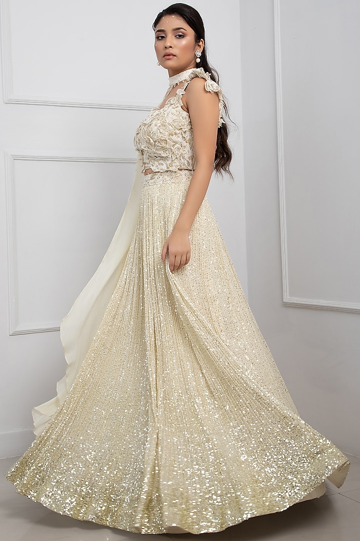 White Satin & Organza Jacket Wedding Lehenga Set by Smriti by Anju Agarwal at Pernia's Pop Up Shop