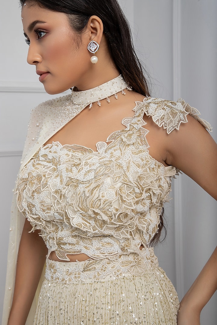 White Satin & Organza Jacket Wedding Lehenga Set by Smriti by Anju Agarwal at Pernia's Pop Up Shop