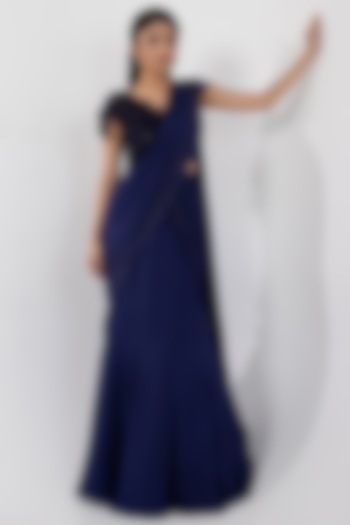 Navy Blue Chinon & Taffeta Draped Saree Set by Smriti by Anju Agarwal at Pernia's Pop Up Shop