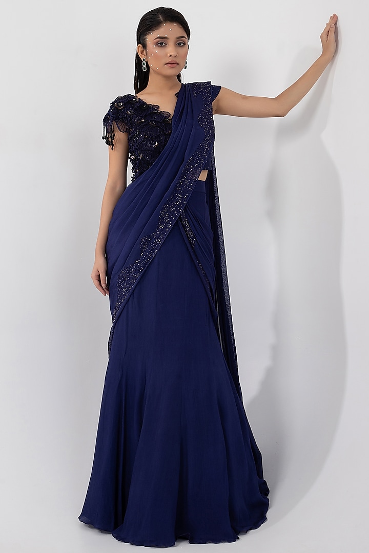 Navy Blue Chinon & Taffeta Draped Saree Set by Smriti by Anju Agarwal at Pernia's Pop Up Shop