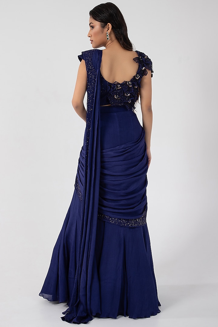 Navy Blue Chinon & Taffeta Draped Wedding Saree Set by Smriti by Anju Agarwal at Pernia's Pop Up Shop