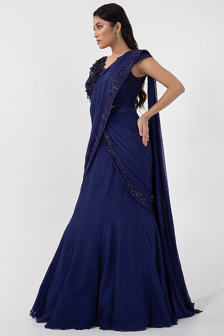 Navy Blue Chinon & Taffeta Draped Wedding Saree Set by Smriti by Anju Agarwal at Pernia's Pop Up Shop