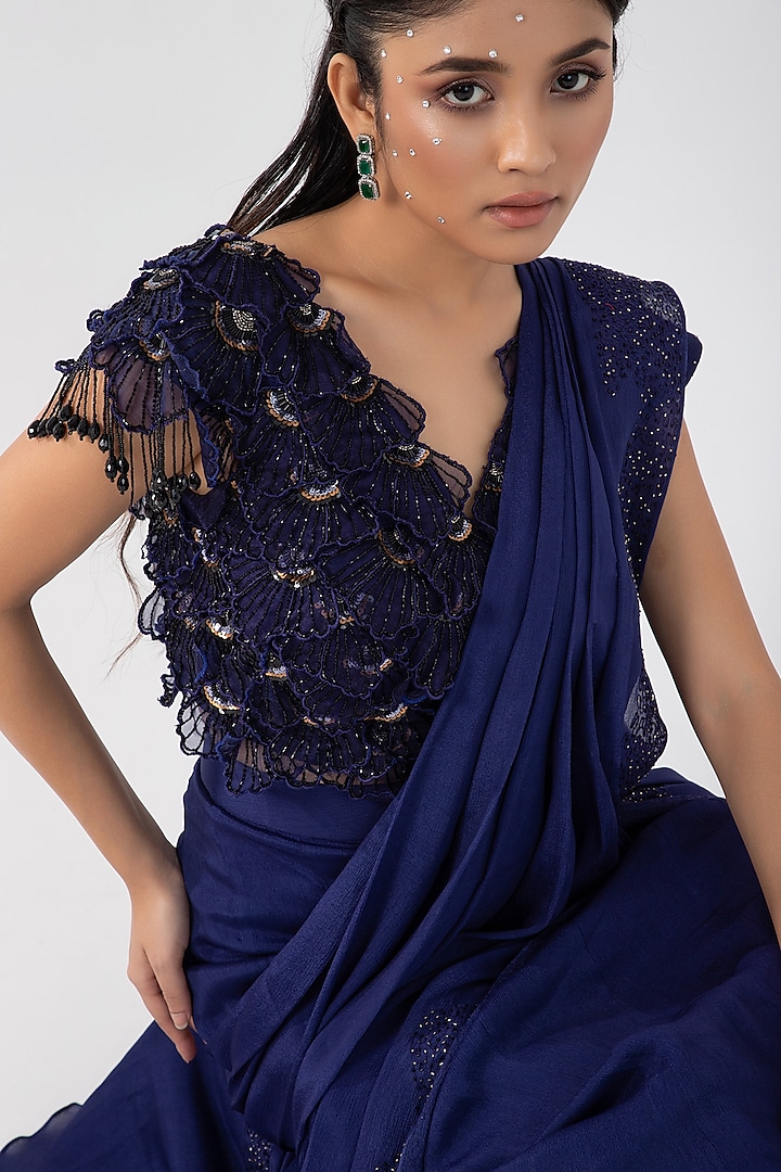 Navy Blue Chinon & Taffeta Draped Wedding Saree Set by Smriti by Anju Agarwal at Pernia's Pop Up Shop