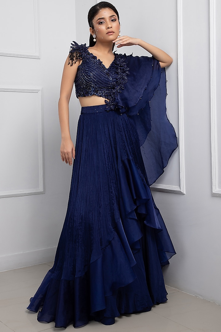 Navy Blue Satin Organza Draped Lehenga Saree Set by Smriti by Anju Agarwal at Pernia's Pop Up Shop