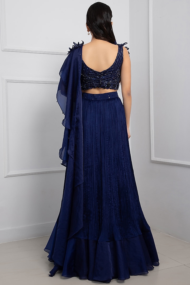 Navy Blue Satin Organza Draped Wedding Lehenga Saree Set by Smriti by Anju Agarwal at Pernia's Pop Up Shop