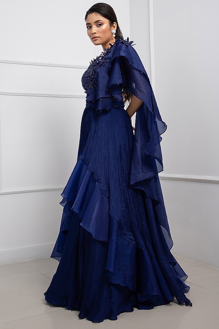 Navy Blue Satin Organza Draped Wedding Lehenga Saree Set by Smriti by Anju Agarwal at Pernia's Pop Up Shop