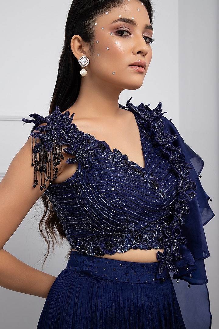 Navy Blue Satin Organza Draped Wedding Lehenga Saree Set by Smriti by Anju Agarwal at Pernia's Pop Up Shop