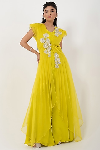 Green Chinon & Taffeta Jumpsuit With Jacket by Smriti by Anju Agarwal
