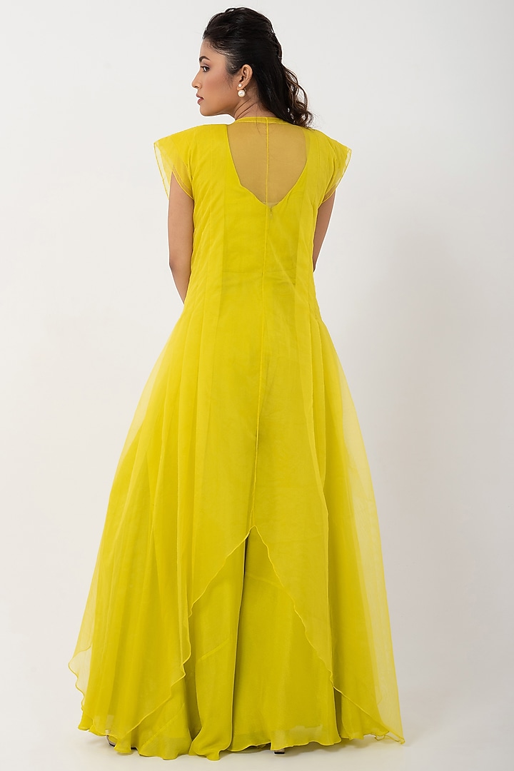 Green Chinon & Taffeta Jumpsuit With Jacket by Smriti by Anju Agarwal at Pernia's Pop Up Shop