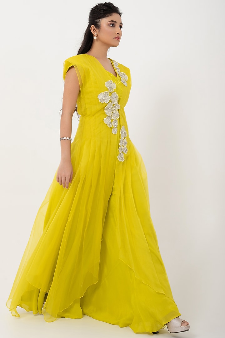 Green Chinon & Taffeta Jumpsuit With Jacket by Smriti by Anju Agarwal at Pernia's Pop Up Shop