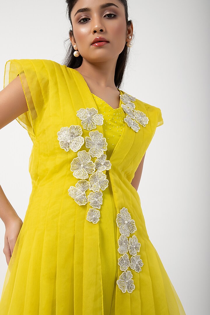 Green Chinon & Taffeta Jumpsuit With Jacket by Smriti by Anju Agarwal at Pernia's Pop Up Shop