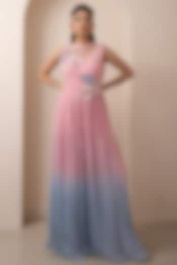 Pink & Blue Taffeta Pleated Layered Jumpsuit by Smriti by Anju Agarwal at Pernia's Pop Up Shop