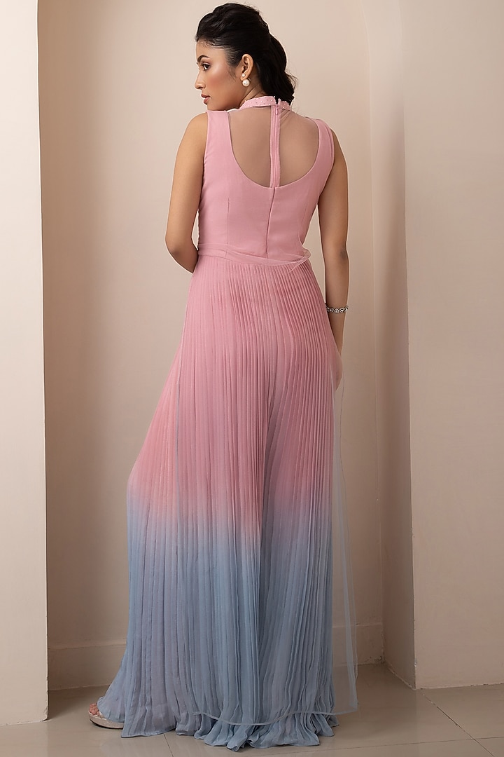 Pink & Blue Taffeta Pleated Layered Jumpsuit by Smriti by Anju Agarwal at Pernia's Pop Up Shop