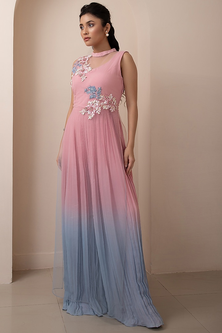 Pink & Blue Taffeta Pleated Layered Jumpsuit by Smriti by Anju Agarwal at Pernia's Pop Up Shop