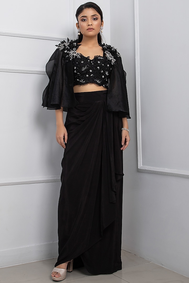 Black Crepe & Taffeta Draped Skirt Set by Smriti by Anju Agarwal at Pernia's Pop Up Shop