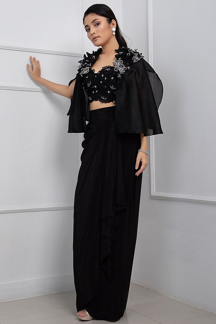 Black Crepe & Taffeta Draped Skirt Set by Smriti by Anju Agarwal at Pernia's Pop Up Shop