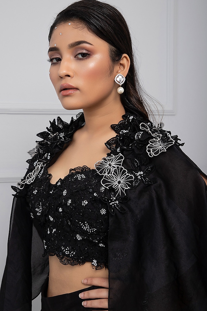 Black Crepe & Taffeta Draped Skirt Set by Smriti by Anju Agarwal at Pernia's Pop Up Shop