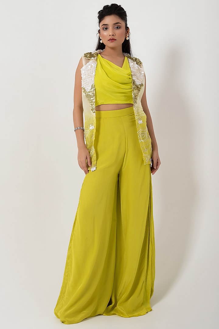 Green Chinon & Taffeta Pant Set by Smriti by Anju Agarwal at Pernia's Pop Up Shop