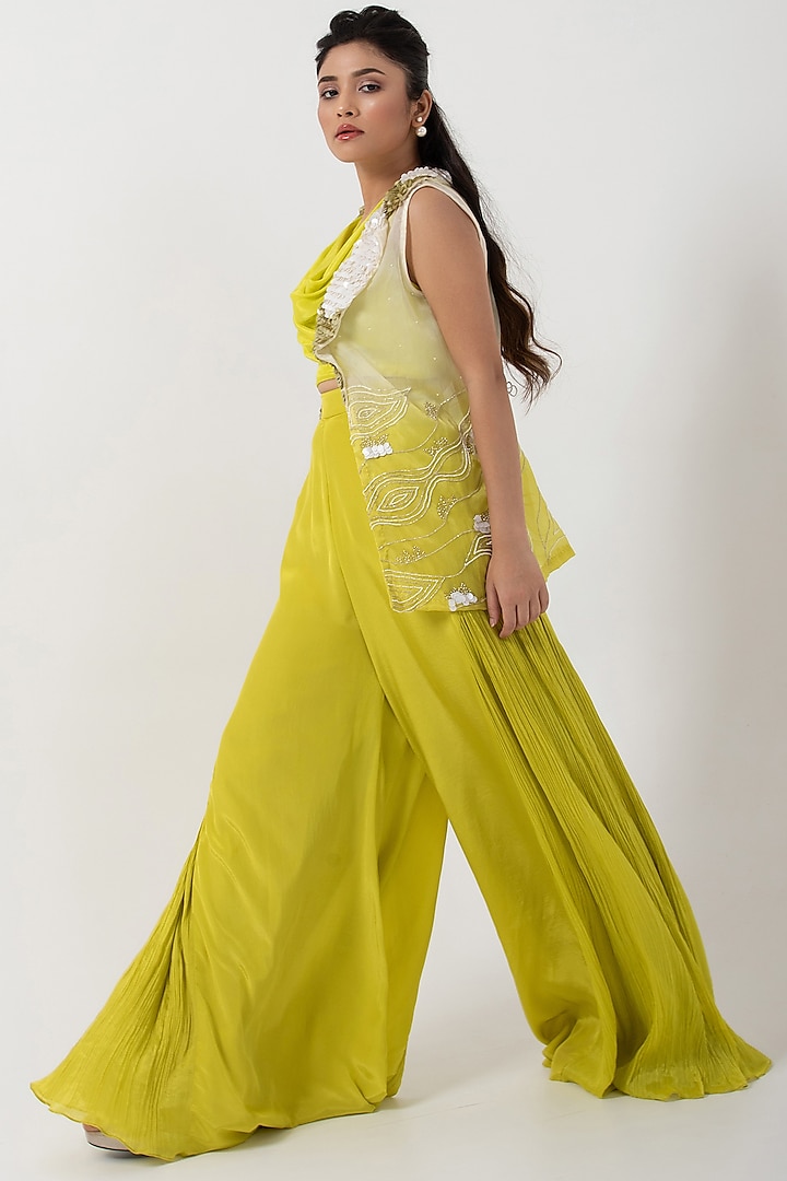 Green Chinon & Taffeta Pant Set by Smriti by Anju Agarwal at Pernia's Pop Up Shop