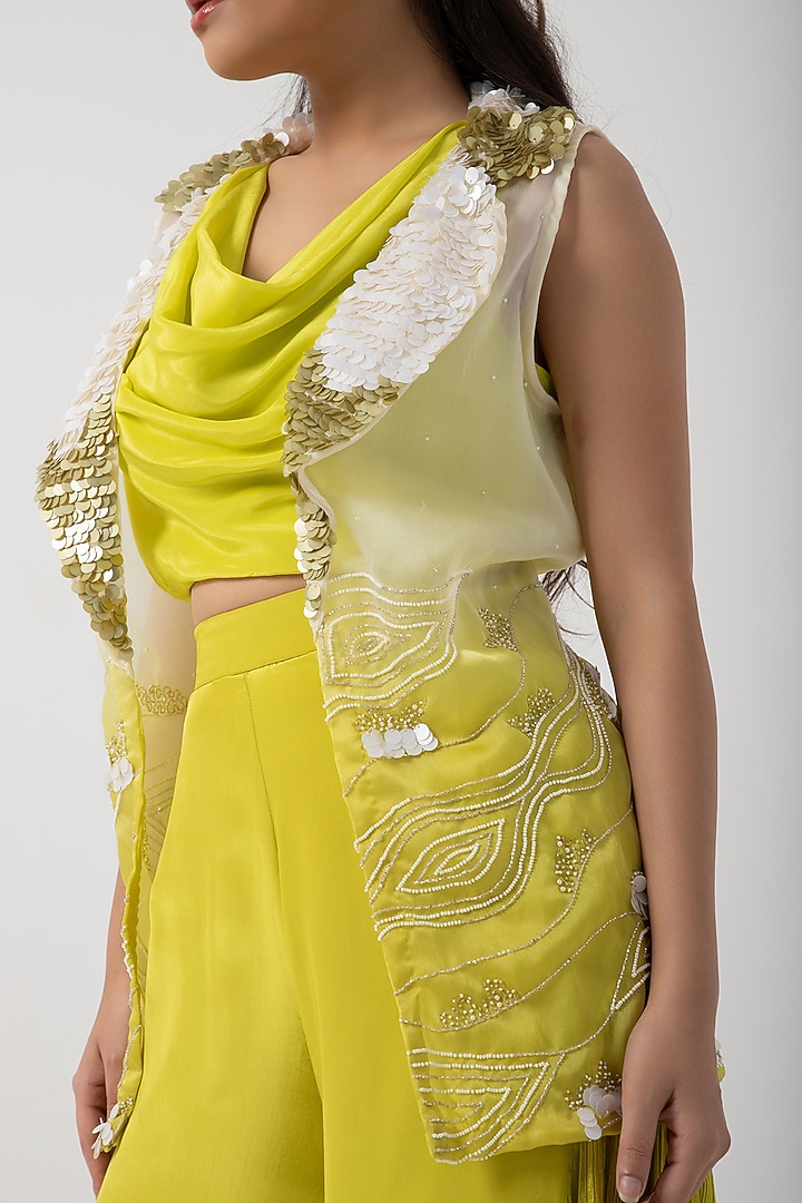 Green Chinon & Taffeta Pant Set by Smriti by Anju Agarwal at Pernia's Pop Up Shop